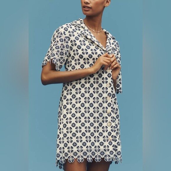 NWT Size XS - Maeve Short-Sleeve Geo Lace Mini Shirt Dress (NWT US$ 198) - Picture 1 of 16